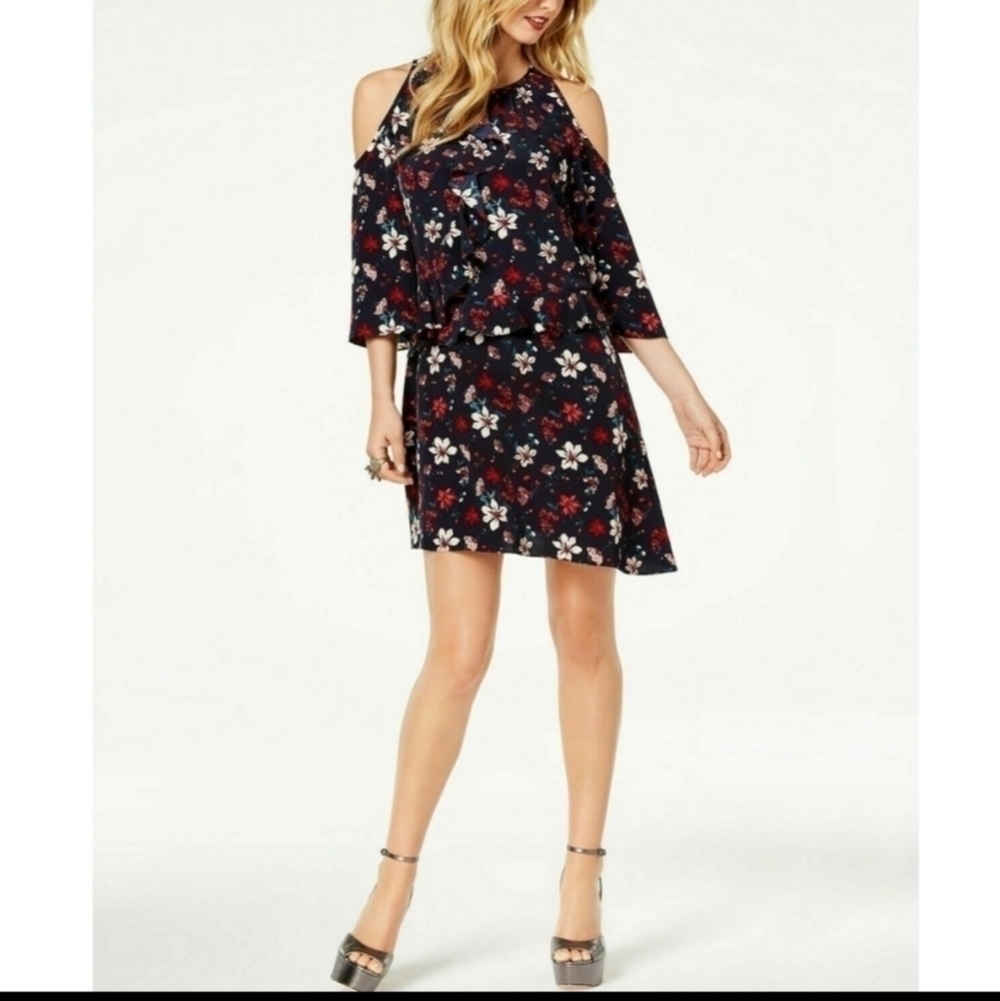 ZOE BY RACHEL ZOE Navy Blue Floral Cold Shoulder Asymmetric Dress
